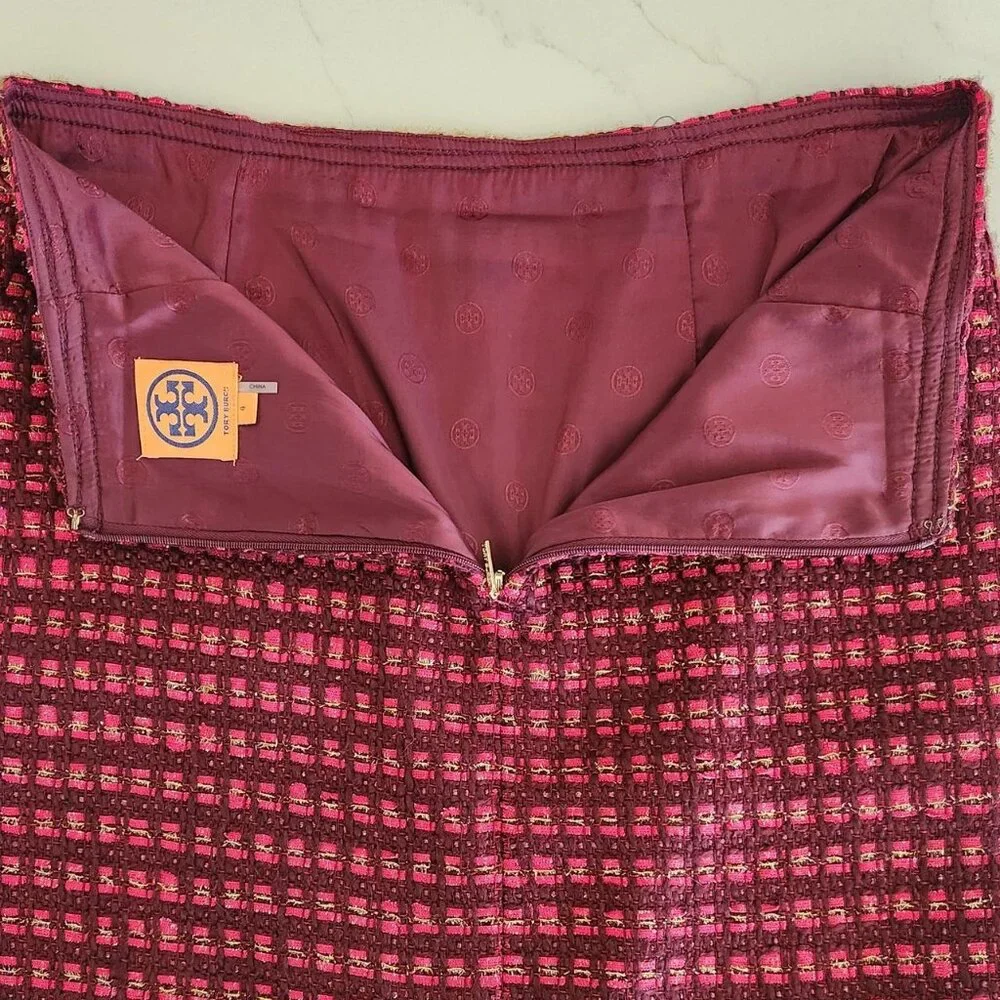 Tory Burch Wool Blend Sz 4 Basketweave Ribbon Plaid Pencil Skirt Pink Tweed Work - Picture 8 of 10